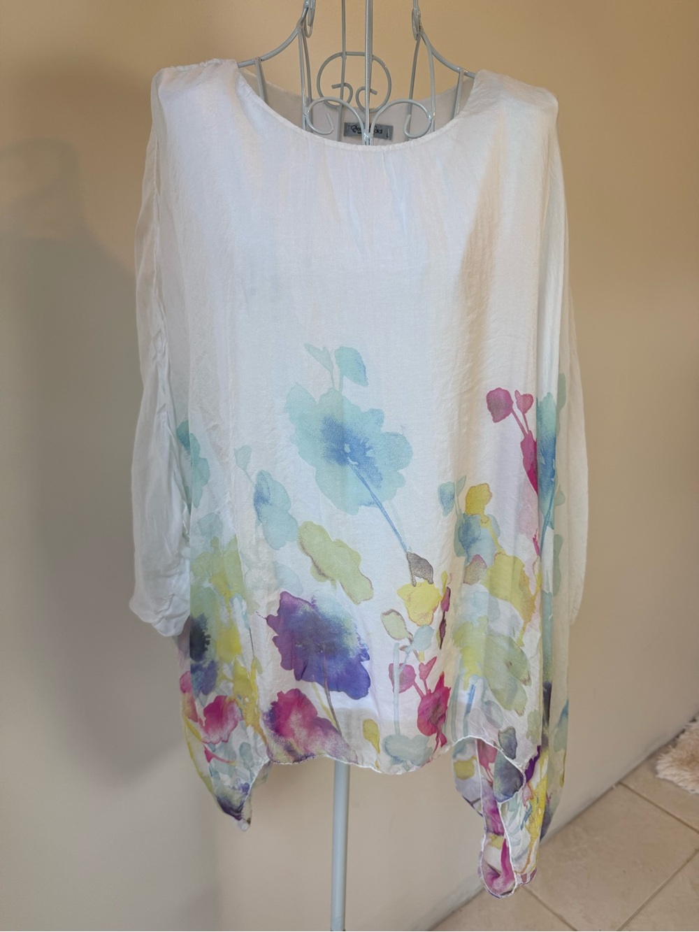 Elena Baldi Italy 100% Silk Floral Watercolor Oversized Tunic Blouse Size L